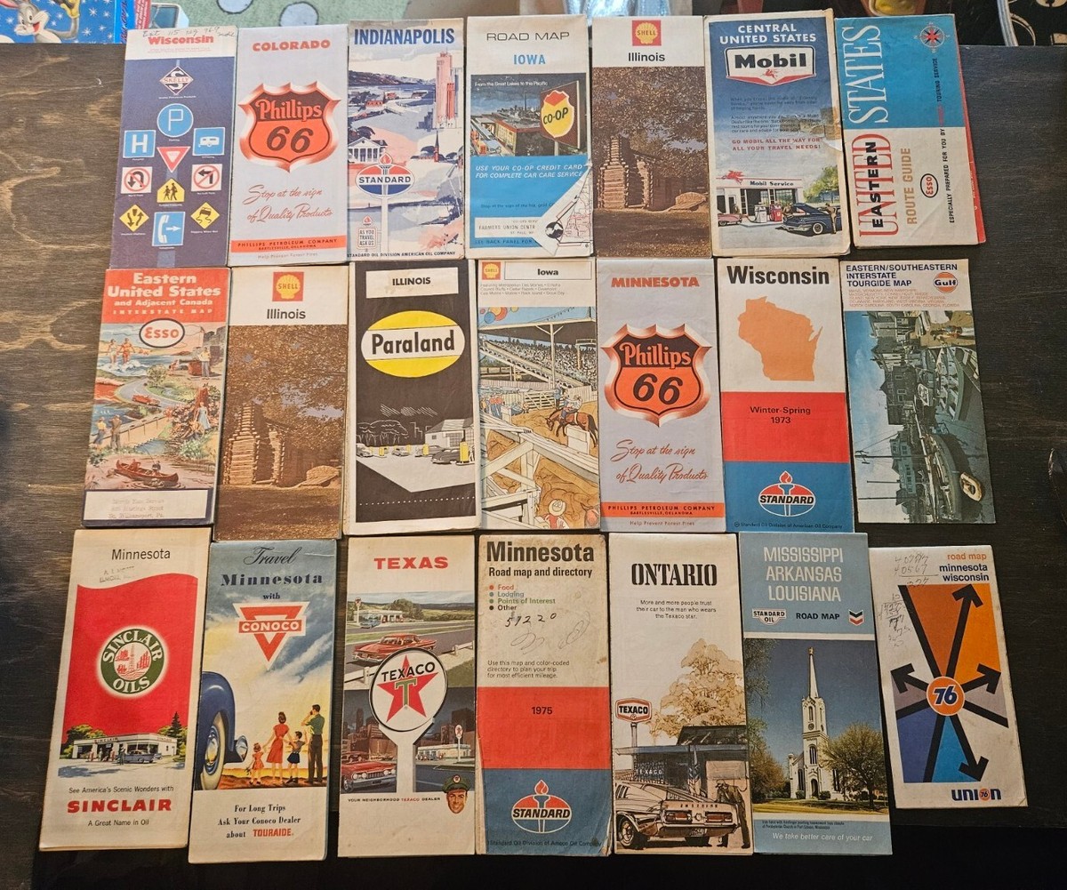 Lot of 21 Vintage Gas Station Road Maps Texaco Shell Standard