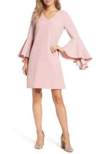 ELIZA J Pink Blush Ruffle V-Neck 3/4 Bell Sleeve Crepe Shift Sheath Dress 10 US