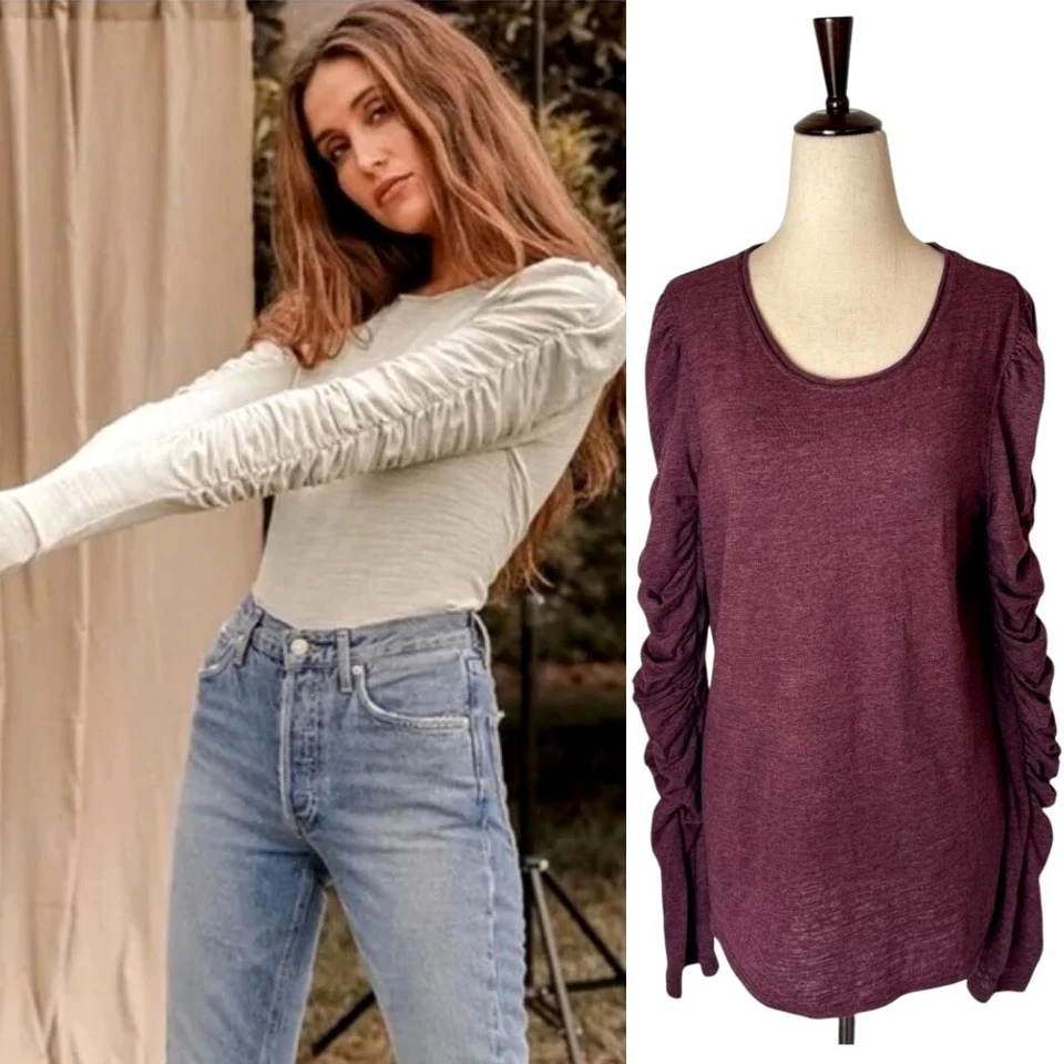 Camisa Free People We The Free Mujer Grande Borgoña Natasha Manga Acanalada Camiseta Foto 2 de 4