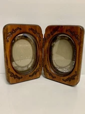 Vintage Wood Handcrafted Picture Frame Double Hinged Mirrored Glass Holds 4”x 6”