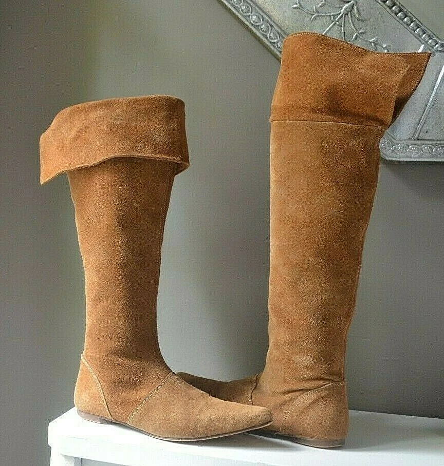 SAKS FIFTH AVENUE BROWN GENUINE SUEDE TALL OVER FLAT RIDING BOOTS Sz 6 |