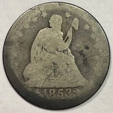 1853 Arrows and Rays Seated Liberty Quarter Almost Good AG Coin #20178