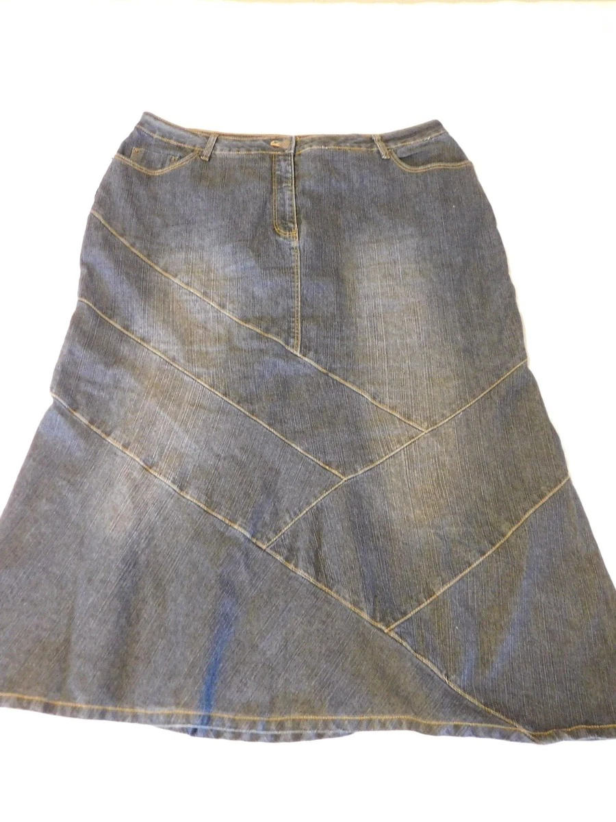 Ladies DENIM 24 7 Stretch Blue Jean Flare Skirt Knee Length Medium Wash sz 18