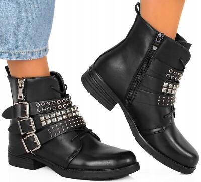 Schnürstiefeletten Biker Boots Damen Gefüttert mit Nieten und Schnallen  Trendy