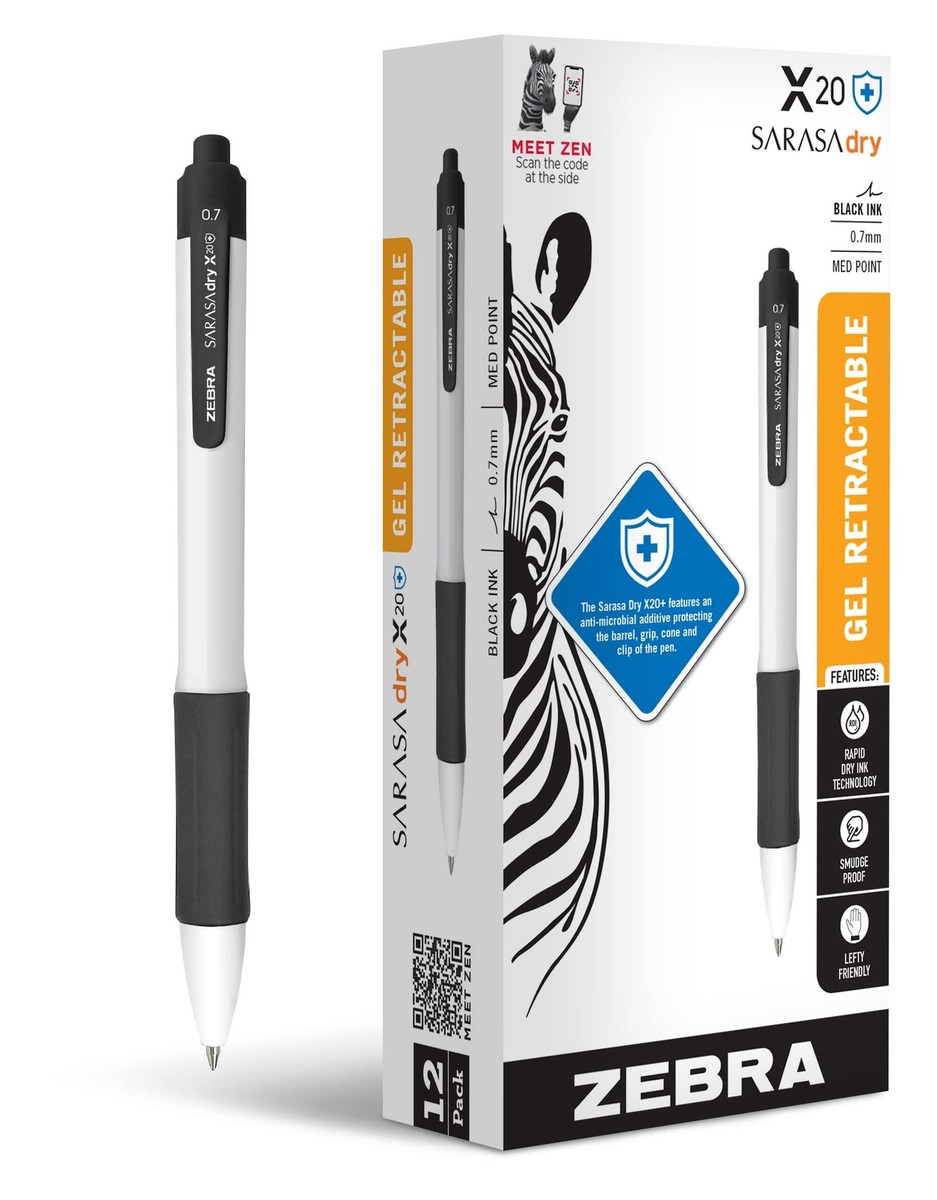 れらページ ブラック/ホワイト Zebra Sarasa Dry X20 0.7mm Black Gel Ink Pens Pack of 12 Quick Dry