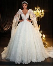 Gorgeous A-Line Wedding Dress Luxury V-neck 2 In 1 Cloak Princess Bride Gown