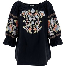 Free People Embroidered Off Shoulder Tunic Mini Dress Small Black Floral Peasant
