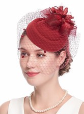 Cizoe Fascinator Hair Clip Pillbox Hat Bowler Feather One Size, 1-burgundy