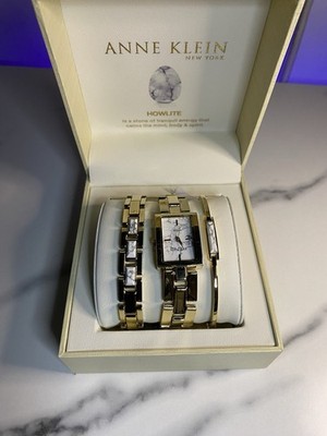 Anne Klein Howlite Gold Tone Watch & Bracelet Jewelry Set, White Rectangle Stone