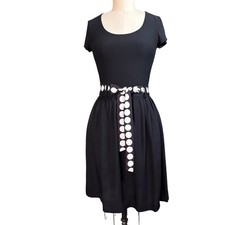 Polka Dot Belted Pockets Michele A-Line Skirt Midi Black Vintage M