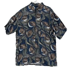 Vintage Pierre Cardin Mens Large Blue Leaf Print Rayon Button Up 90s Shirt