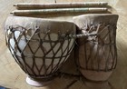 Vintage Drum Primitive Clay Dual Set w/ Carved Wooden Sticks Rawhide Great Sound — photo 9