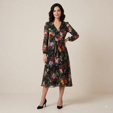 Alice + Olivia Abney Midi Wrap Dress Viscose Silk Black Floral Burnout Size 0