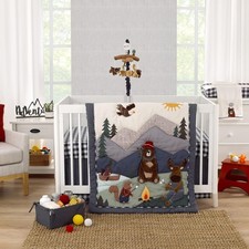 NOJO Into The Wilderness Navy, Crib, Camping Bear, Moose, Eagle, and Beaver