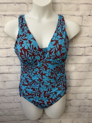 Lands' End 16 Slender Suit Grecian One Piece Swimsuit Blue Red Floral Flaw