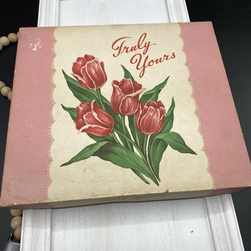 Sweet Vtg 50s 60s Stationary Ensemble Tulip Motif Pink Ribbon 🌷🌷Truly Yours - Picture 2 of 21