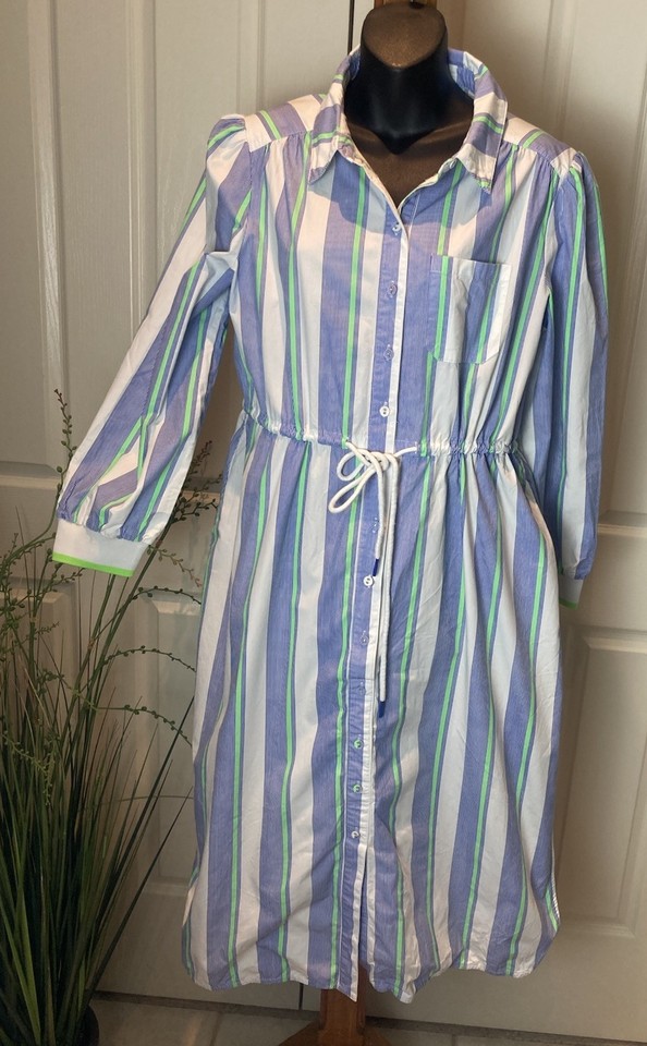 365 Days Button Up Stripped Midi Shirt Dress Size M Collar White Blue Pockets