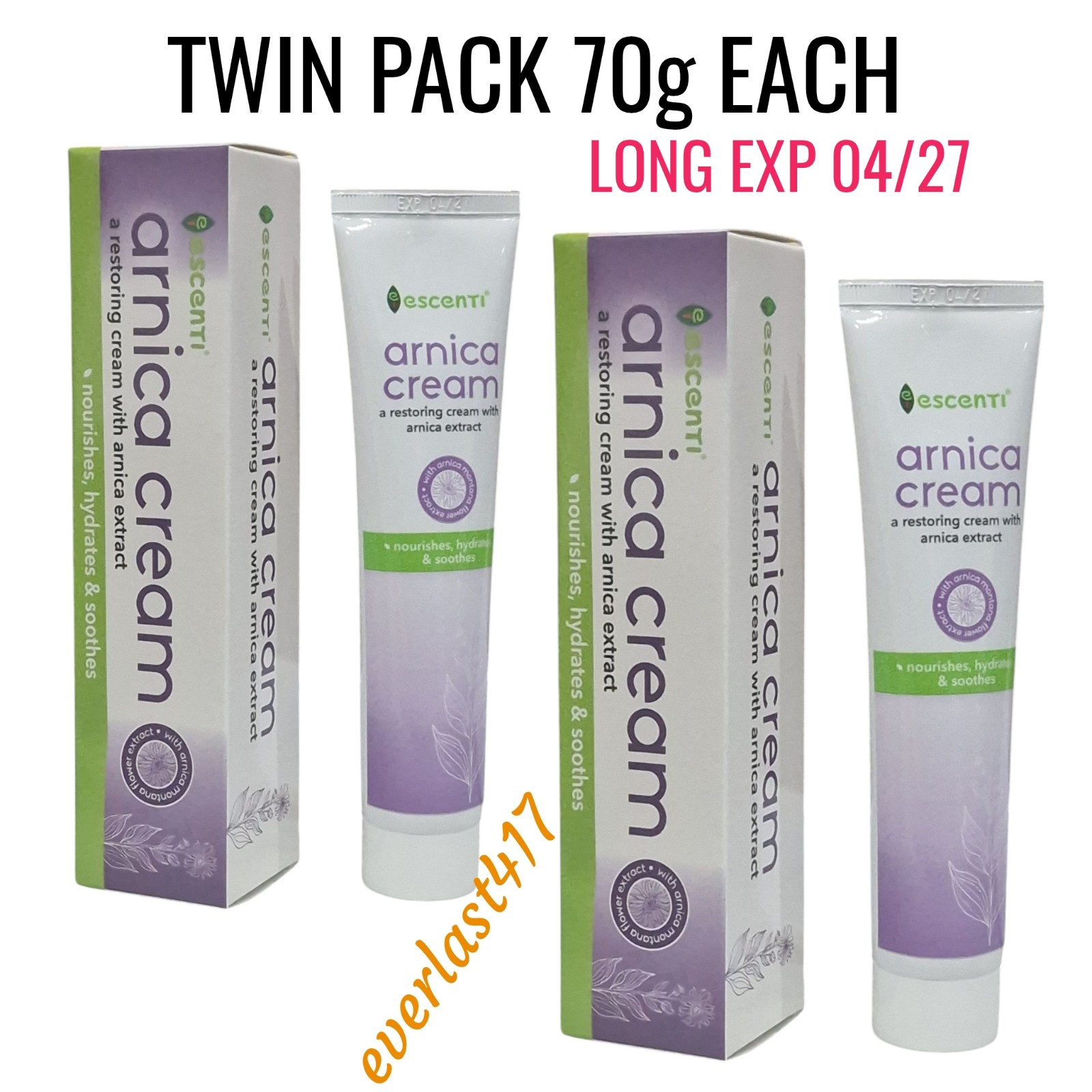 Twin Pack Escenti Arnica Cream Soothing Pain Bruises Aches Swelling 70g