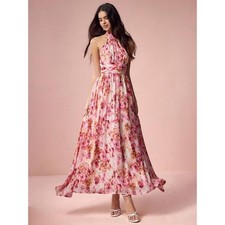 Pink Floral Halter Maxi Dress Open Back Pleated Waist Summer Wedding Guest