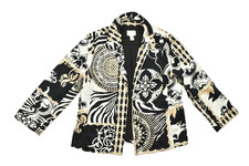 Chico's Size 2 Black White Gold Scarf Print Blazer Jacket Cotton Stretch Baroque