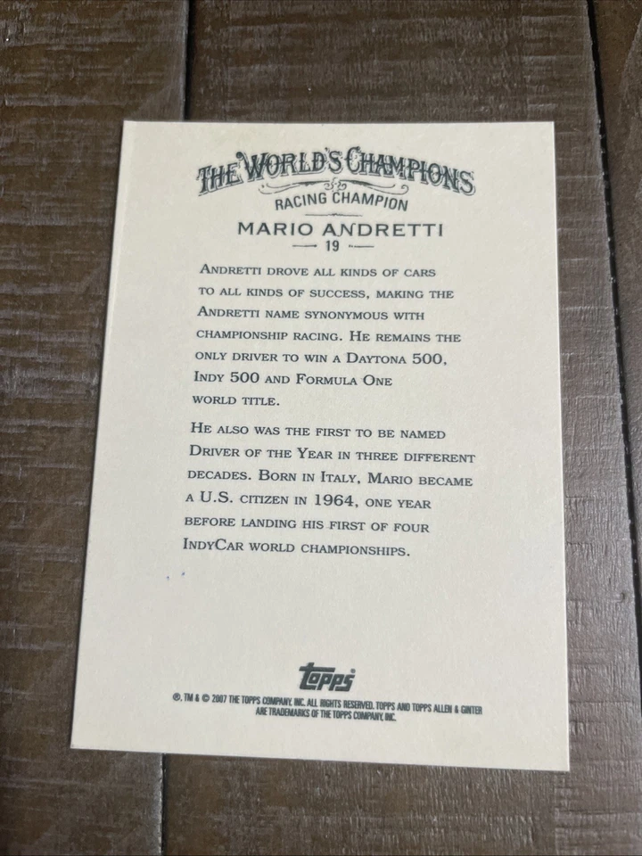 Mario Andretti Signed 2007 Topps Allen & Ginter Card # 19-No COA - Image 2 of 2