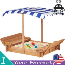 46'' Wooden Kids Sandbox with Adjustable Cover 2 Foldable Bench Seats Sandpit