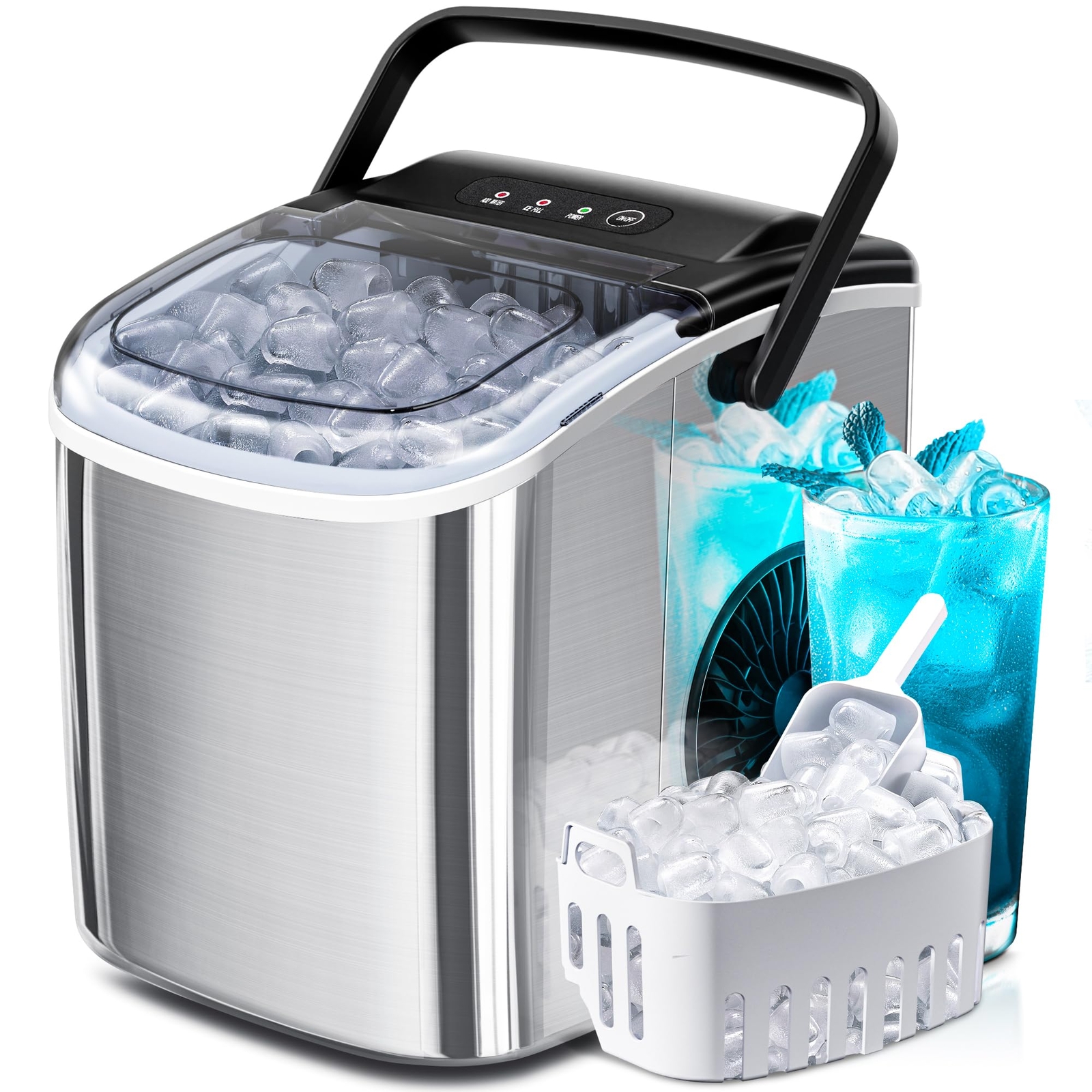 Portable Ice Maker Machine with Handle, 26lbs/24Hrs, 6Mins/9 Ice Cubes, Self-...-image