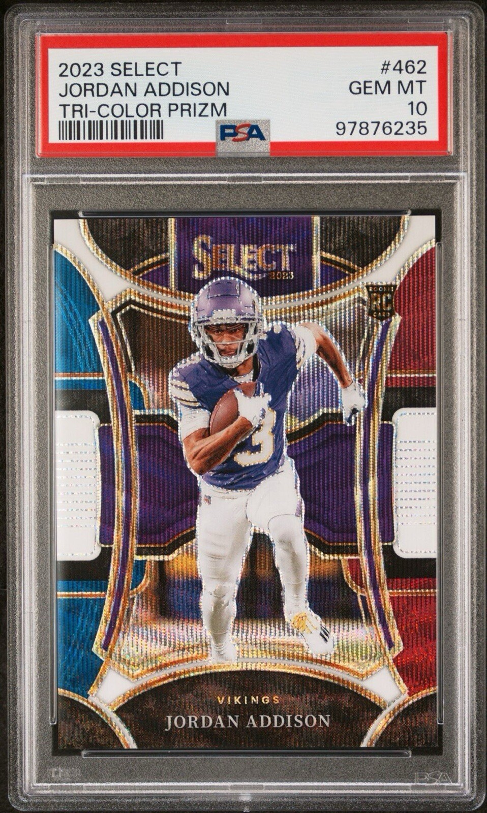 2023 Panini Select Suite Level Tri-Color Prizm Jordan Addison RC /149 PSA 10
