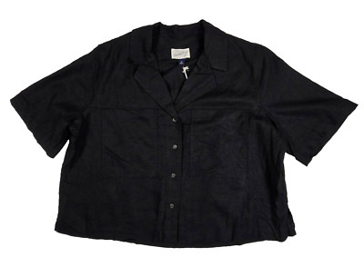 Universal Thread Black Linen Blend Cropped Boxy Collared Blouse Large NEW