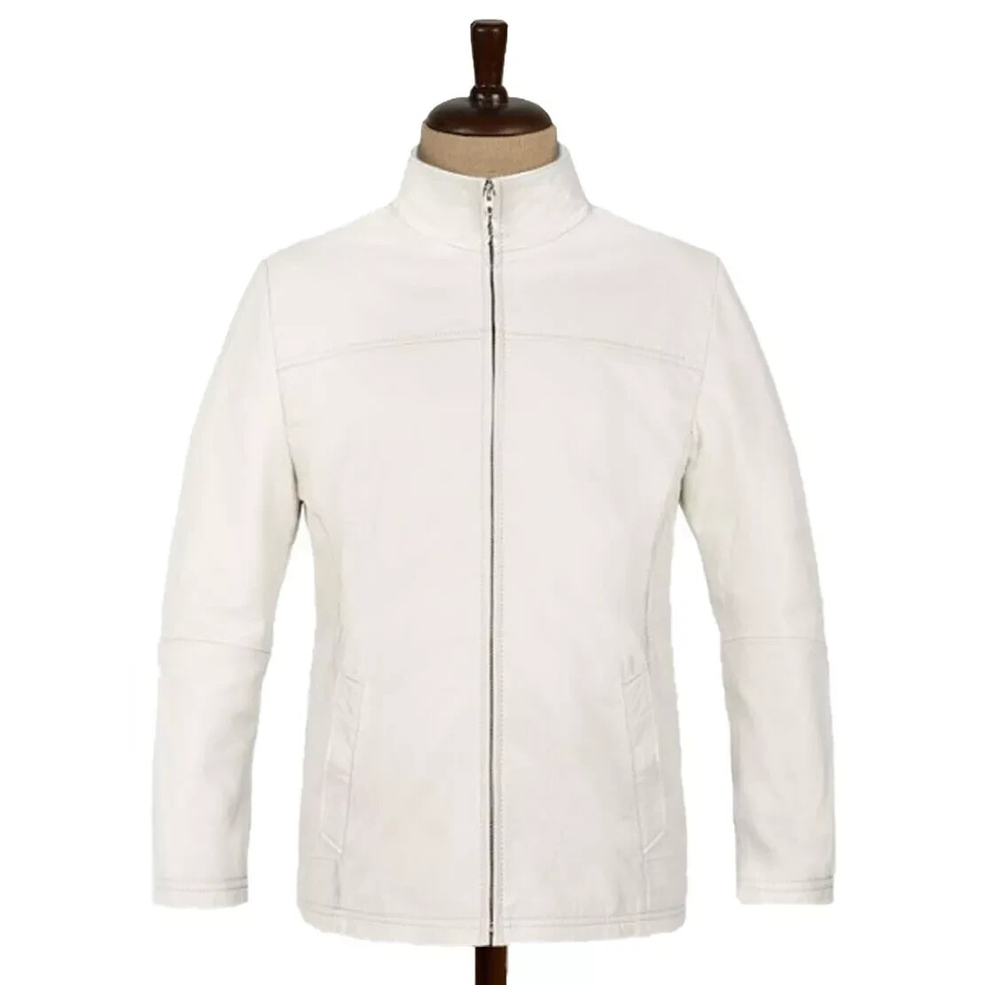 Men's White Real Leather Motorcycle Biker Lambskin Leather Casual Zipper Jacket