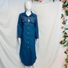 Asymmetrical Hem Long-Sleeved Collared Blue Denim-Like Shirt Dress Sz M