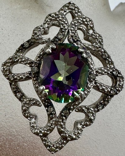 ESTATE STERLING SILVER OVAL CUT MYSTIC TOPAZ CZ ANTIQUE STYLE PENDANT