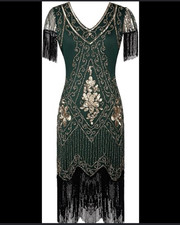 Green Gold Black Sequin Beaded Fringe Sheath Dress V-Neck Short Sleeve 2XL