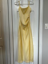 Billy J Yellow Satin Maxi Dress Cowl Neck Strappy Side Slit Size 10