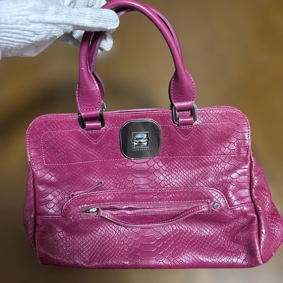 Longchamp Leather Handbag Python Embossed Pink Re… - image 1
