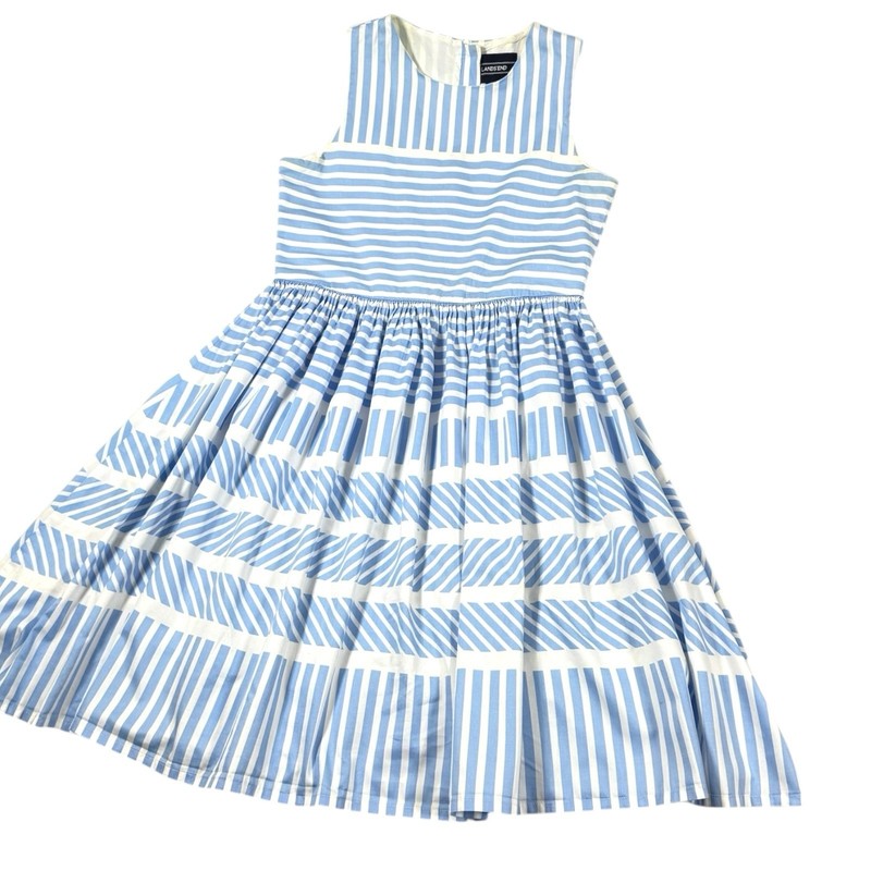 Lands’ End Girls 16 Blue White Stripe Cotton Fit Flare Sleeveless Dress