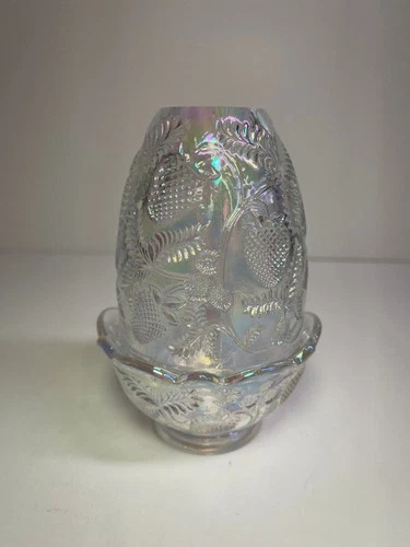 Fenton Art Glass Clear / Iridescent Candle Holder ~ Impressed Strawberries