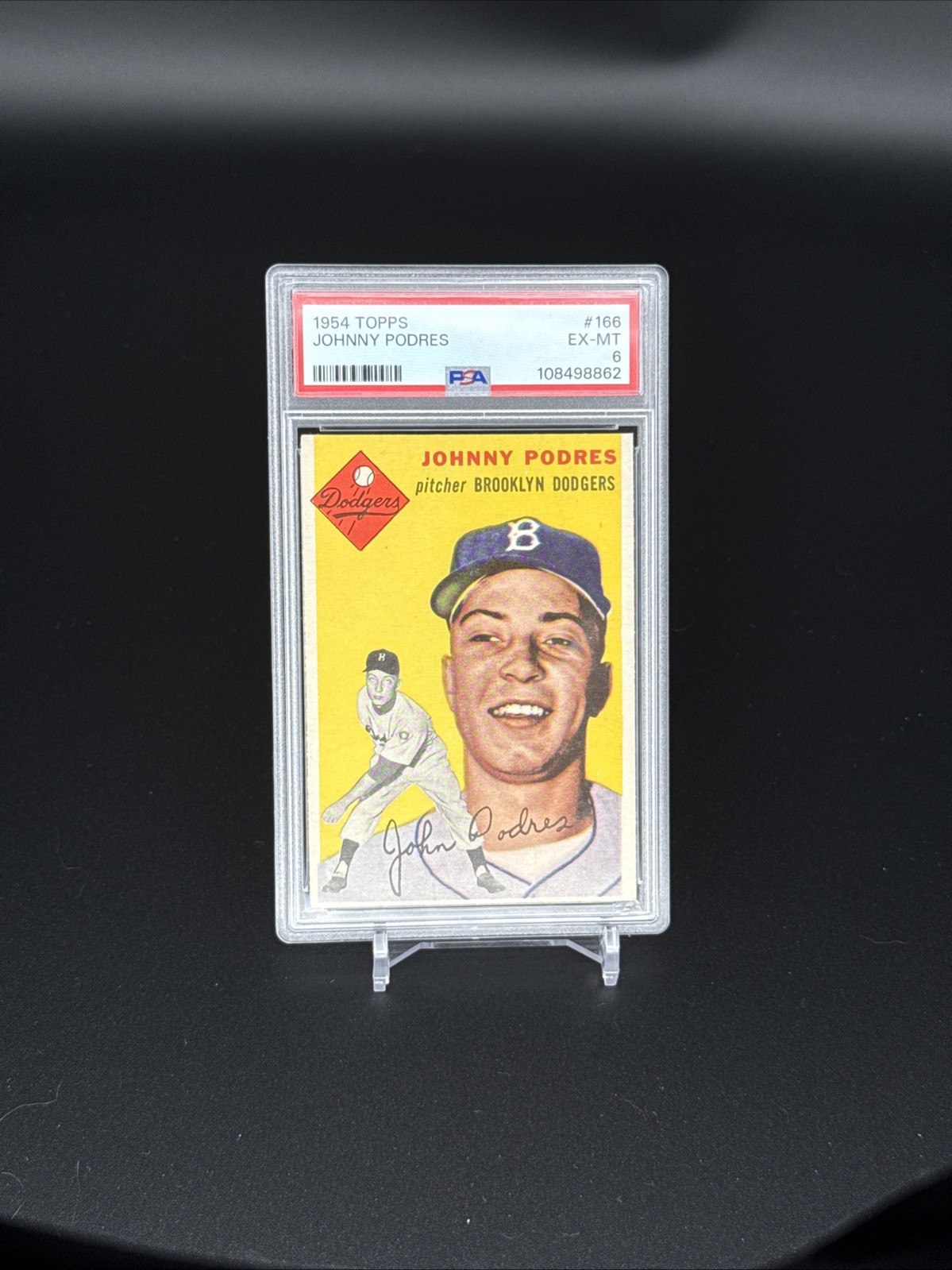 1954 Topps Baseball #166 Johnny Podres Vintage Card Brooklyn Dodgers PSA 6 EX-MT
