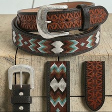 Western Beaded Leather Belt Chestnut Brown Aztec Size 30 Removable Buckle