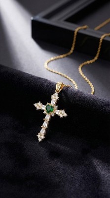 925 Silver Gold Cross Pendant Chrome Diopside Green Heart Gothic Jewelry Gift