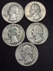 5 Washington Silver Quarters - 1942- 43 x2 -51 - 55 90 Percent Silver - US Mint