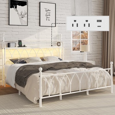Full Metal Bed Frame with Charging Station, Headboard storage space,LED Lights.