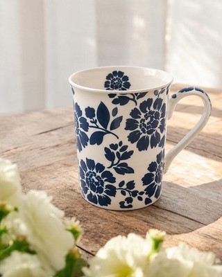 DATA Blau & Weiß Floral Keramik Tasse Marine Blume Tee Kaffeetasse