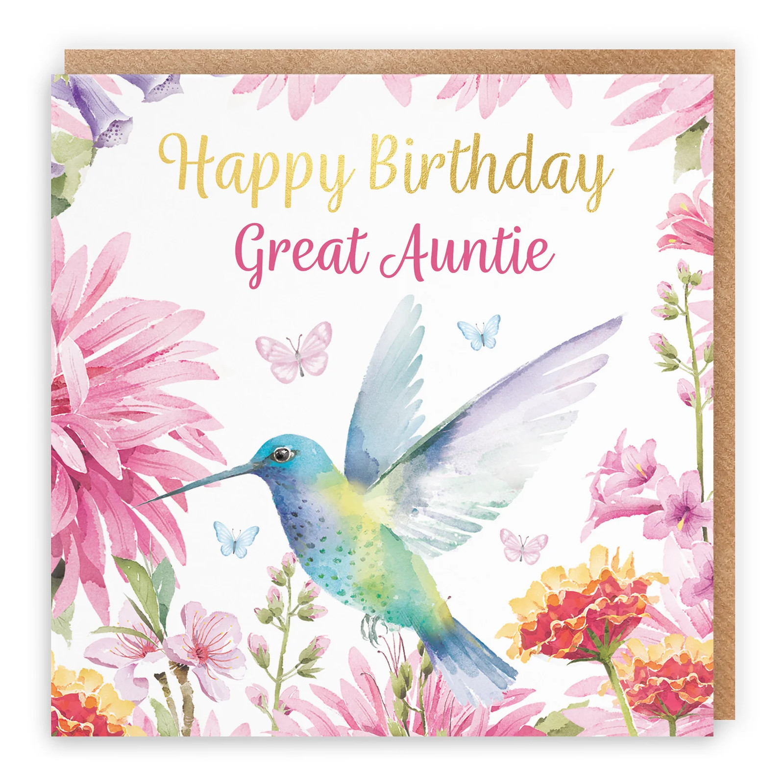 Great Auntie Birthday Card Hummingbird Gold Foil Milo's Gallery