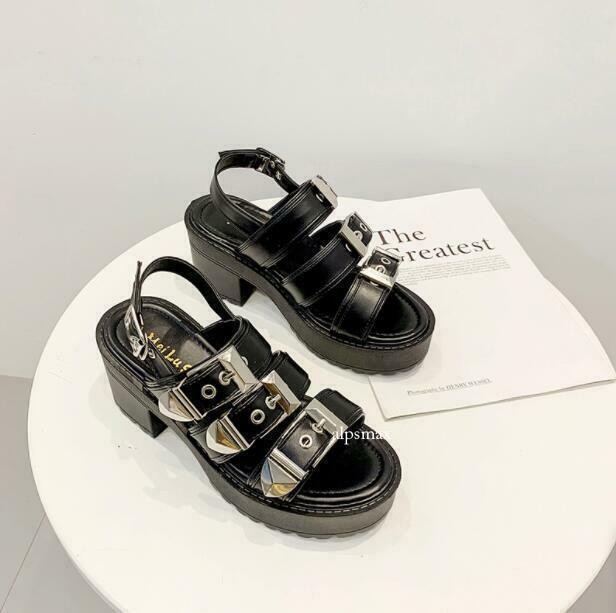 Women's Gothic Chunky Platform Black Buckle Strap Sandals Fashion