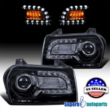 Fits 2005-2010 Chrysler 300 LED Signal Projector Headlights Glossy Black Smoke