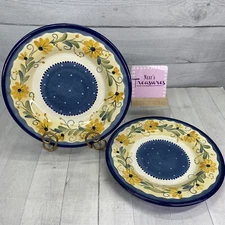Tabletops BELLA FLORA Blue Yellow Earthenware HandPainted Dinner Plate Set 2