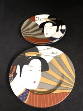 Flitz & Floyd Geisha With Fan Salad Plates Boxed  4 Rich Colors Porcelain Japan