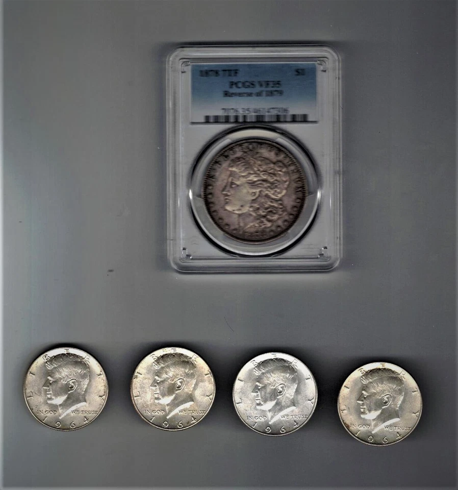 MORGAN SILVER DOLLAR, 1878 7TF, PCGS VF35, PLUS 4 64 SILVER 1/2 DOLLARS UNC. - Image 3 of 4