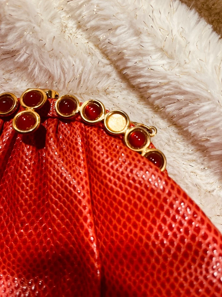 Bolso de Mano Judith Leiber Vintage Piel de Serpiente y Cabujón Rojo Noche Foto 3 de 4